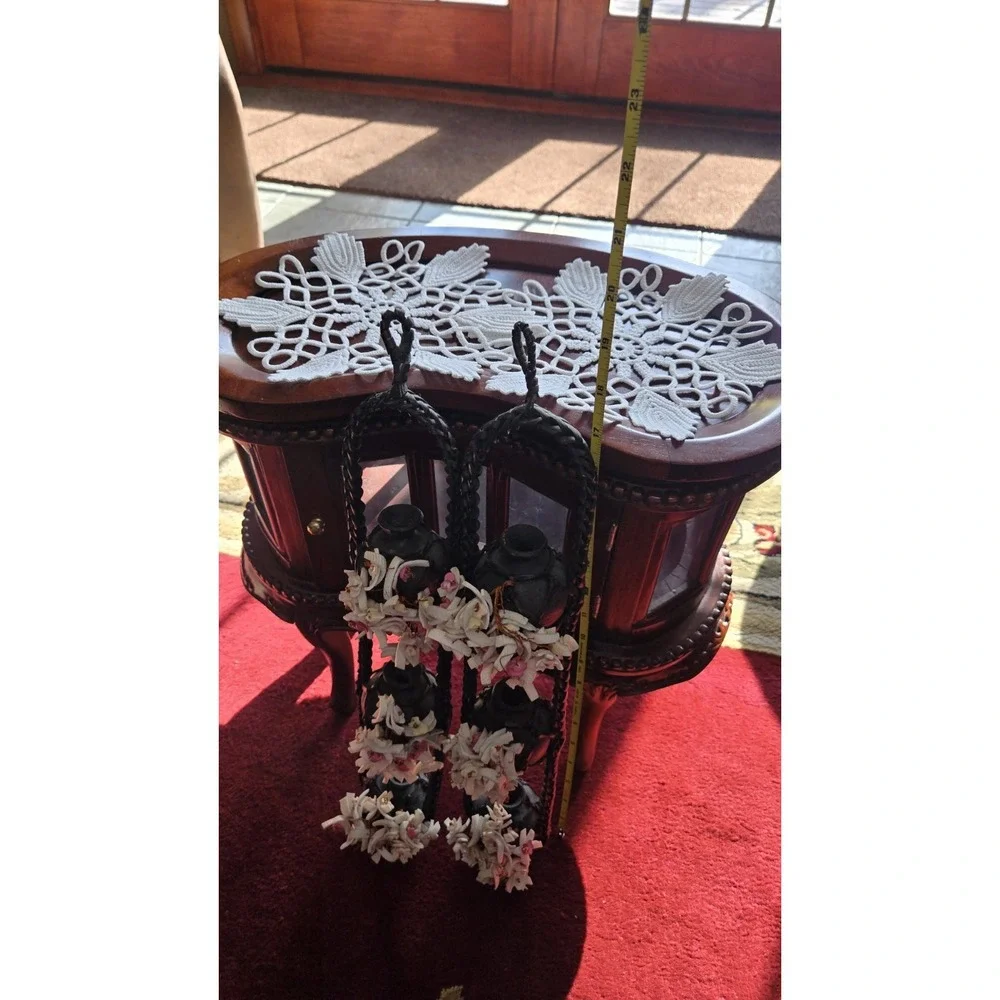 Vintage Asian Hanging Wall Vases – Pair Floral Ceramic & Woven Rope Décor – 20